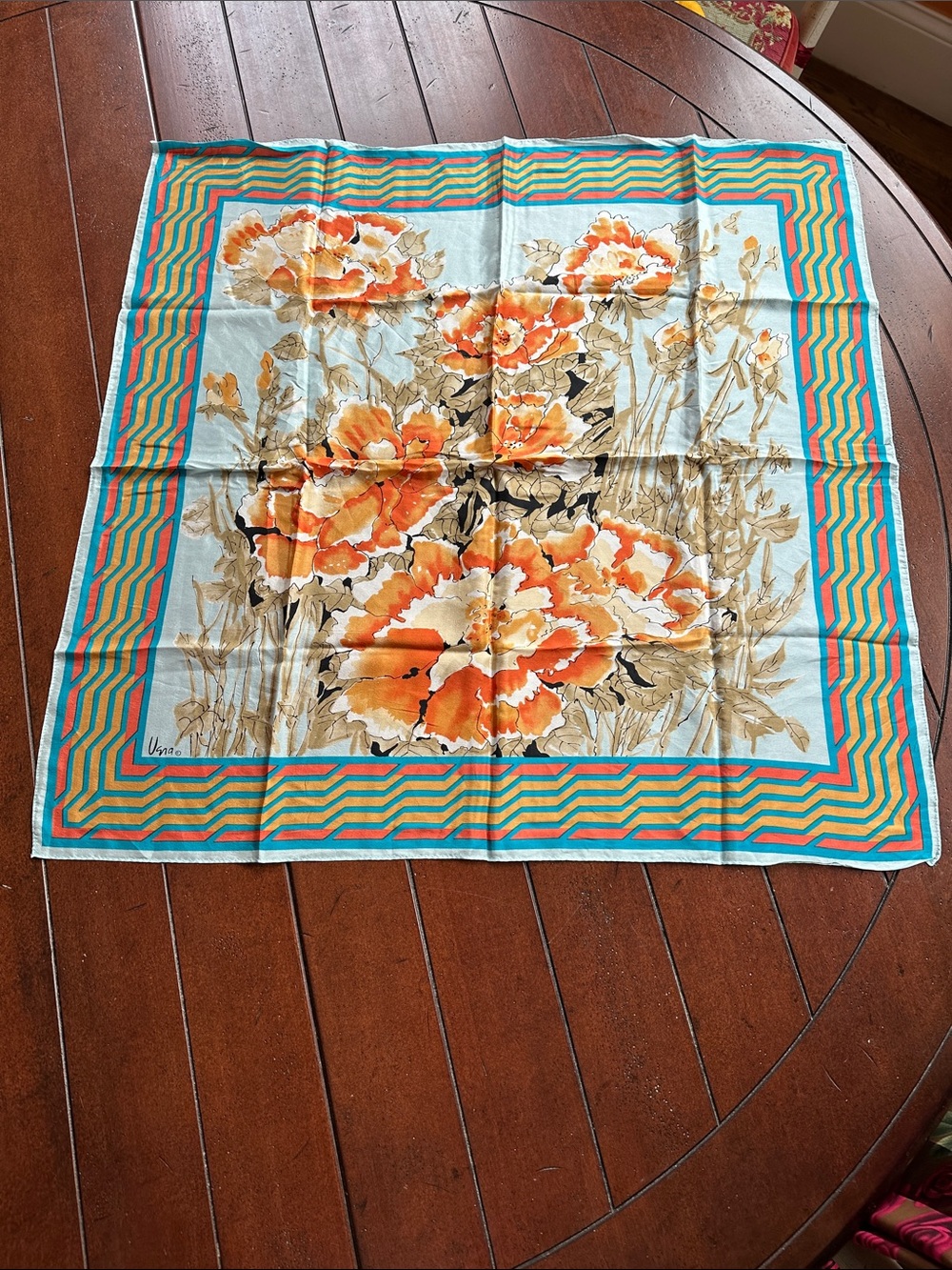 Floral Orange and Turquoise Decorative Square Scarf by Unknown